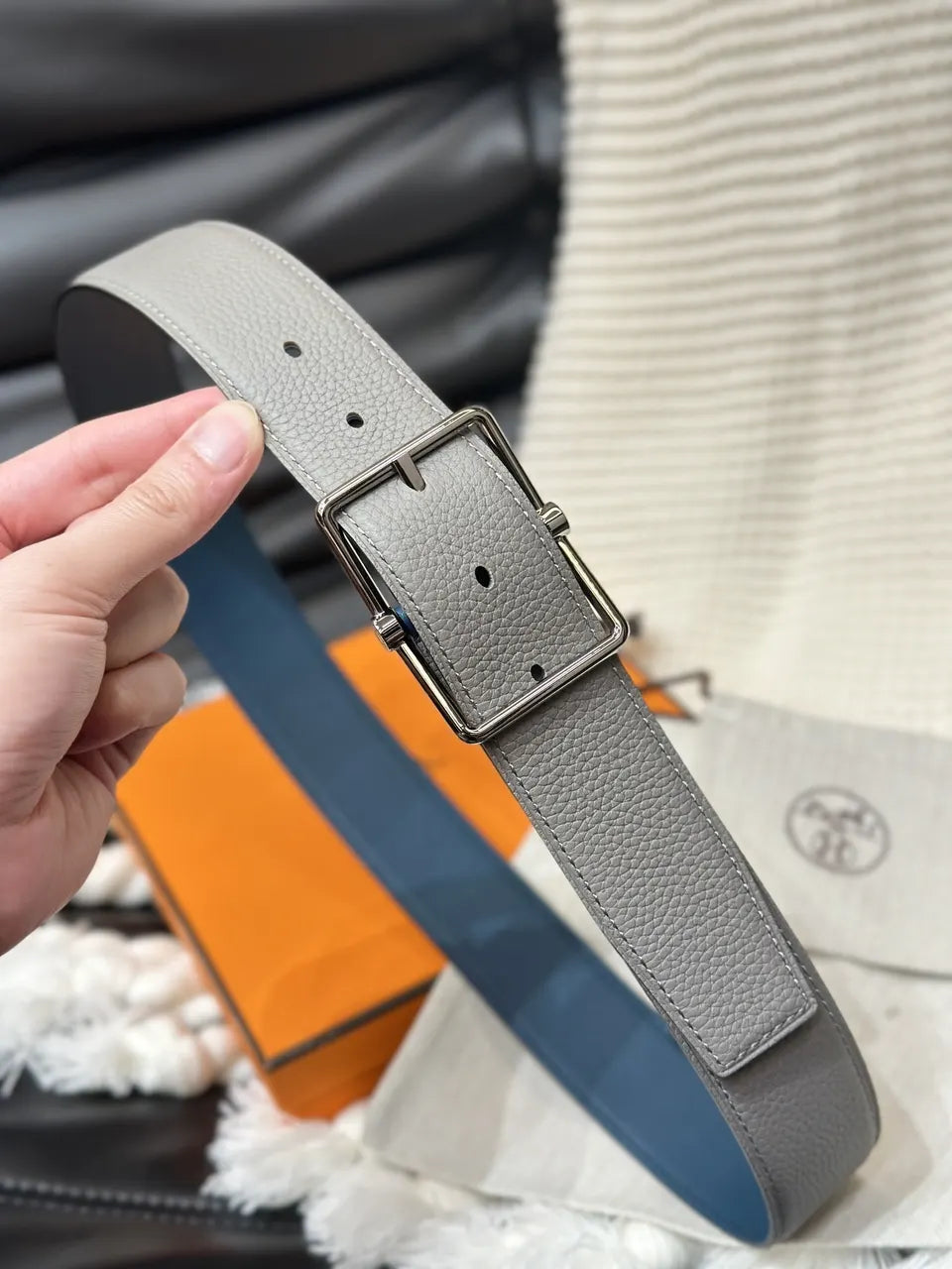 Hermes Grey & Blue Reversible Belt - Hình 2