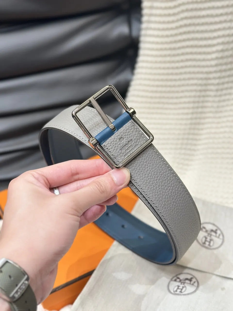 Hermes Grey & Blue Reversible Belt - Hình 3