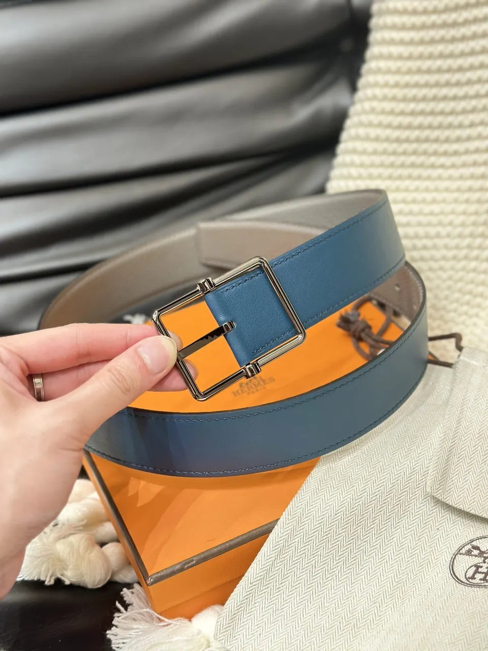 Hermes Grey & Blue Reversible Belt - Hình 4