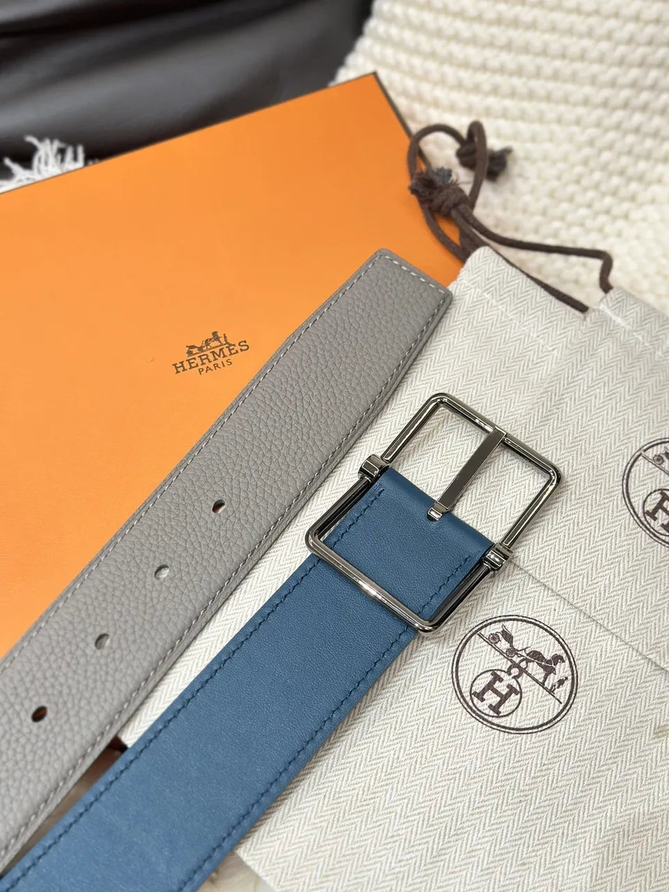 Hermes Grey & Blue Reversible Belt - Hình 5