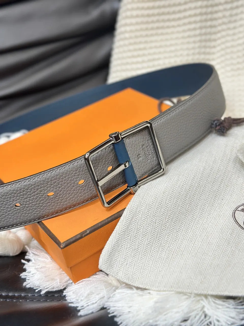 Hermes Grey & Blue Reversible Belt - Hình 6
