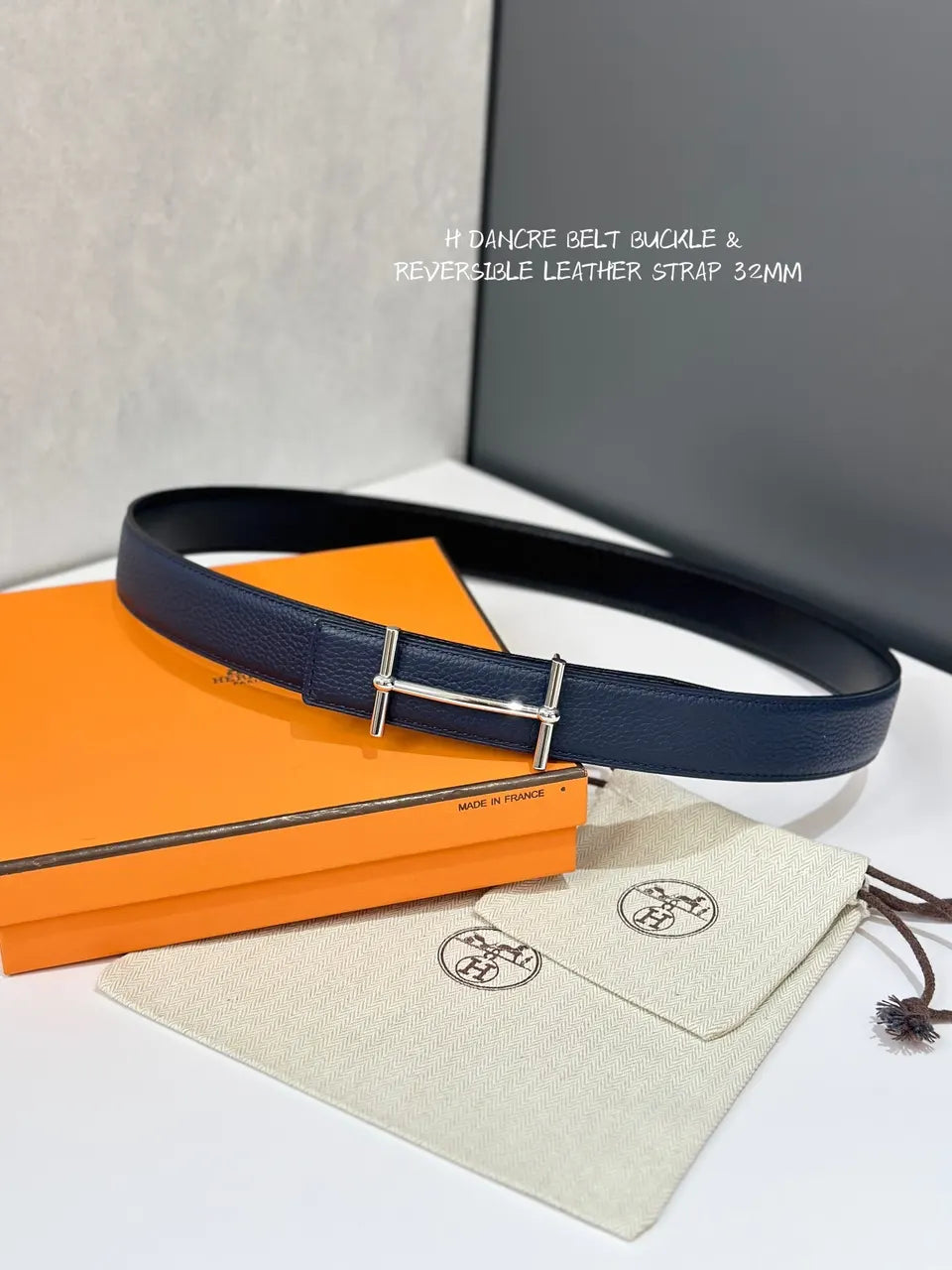 Hermes Navy Leather H D'ancre Belt - Hình 2