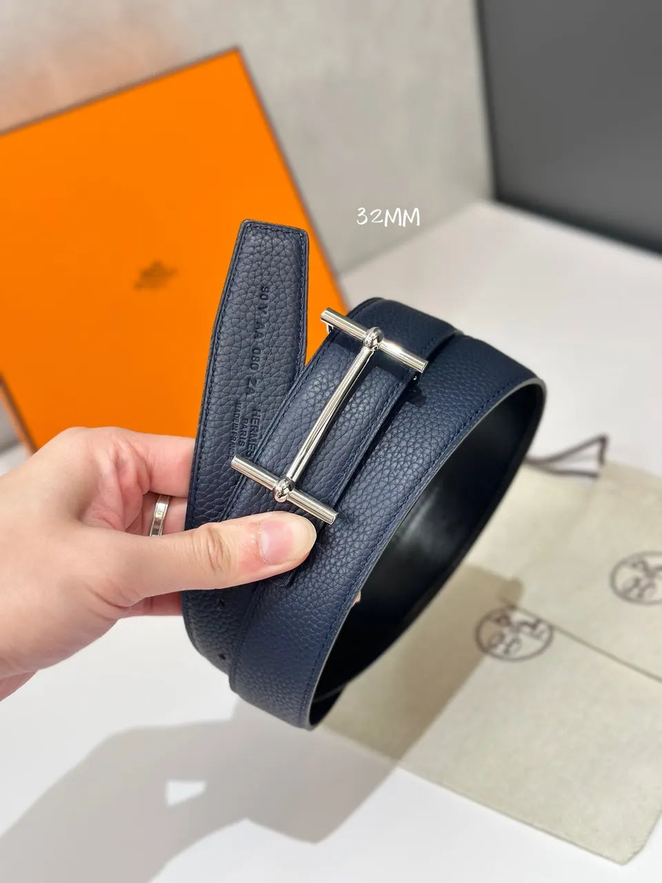 Hermes Navy Leather H D'ancre Belt - Hình 3