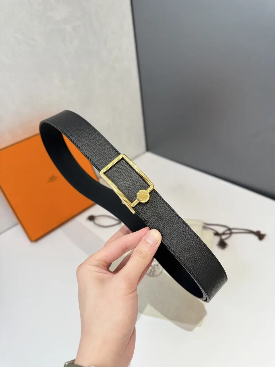 Hermes Black Leather Belt gold