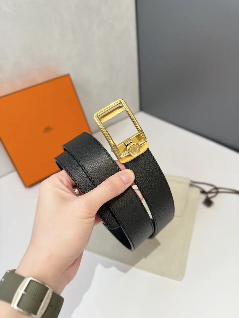 Hermes Black Leather Belt gold - Hình 2