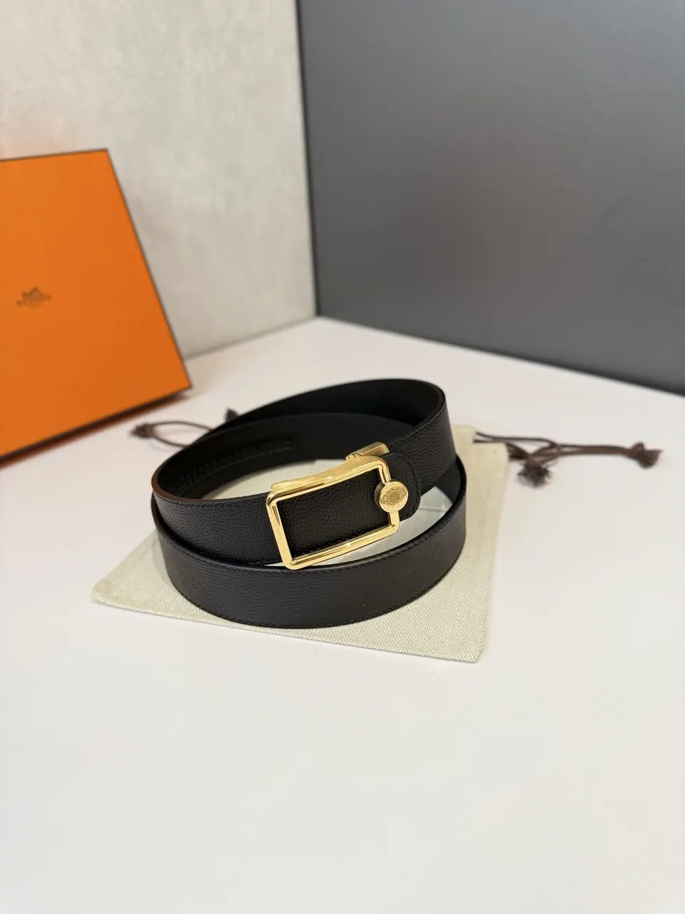 Hermes Black Leather Belt gold - Hình 3