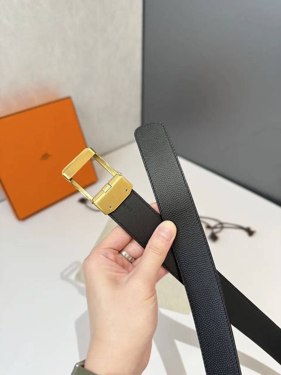 Hermes Black Leather Belt gold - Hình 5