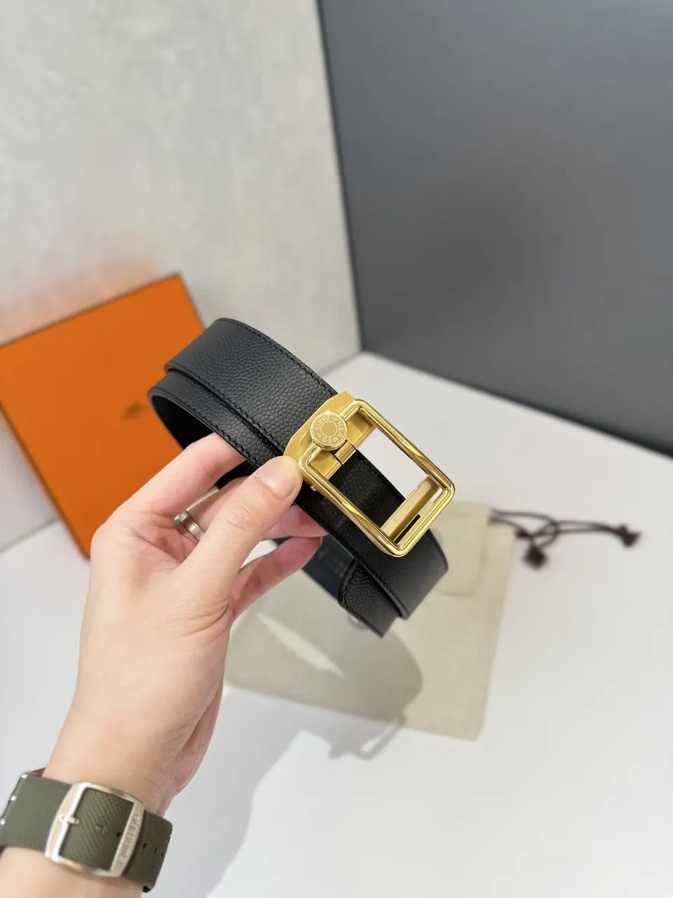 Hermes Black Leather Belt gold - Hình 6
