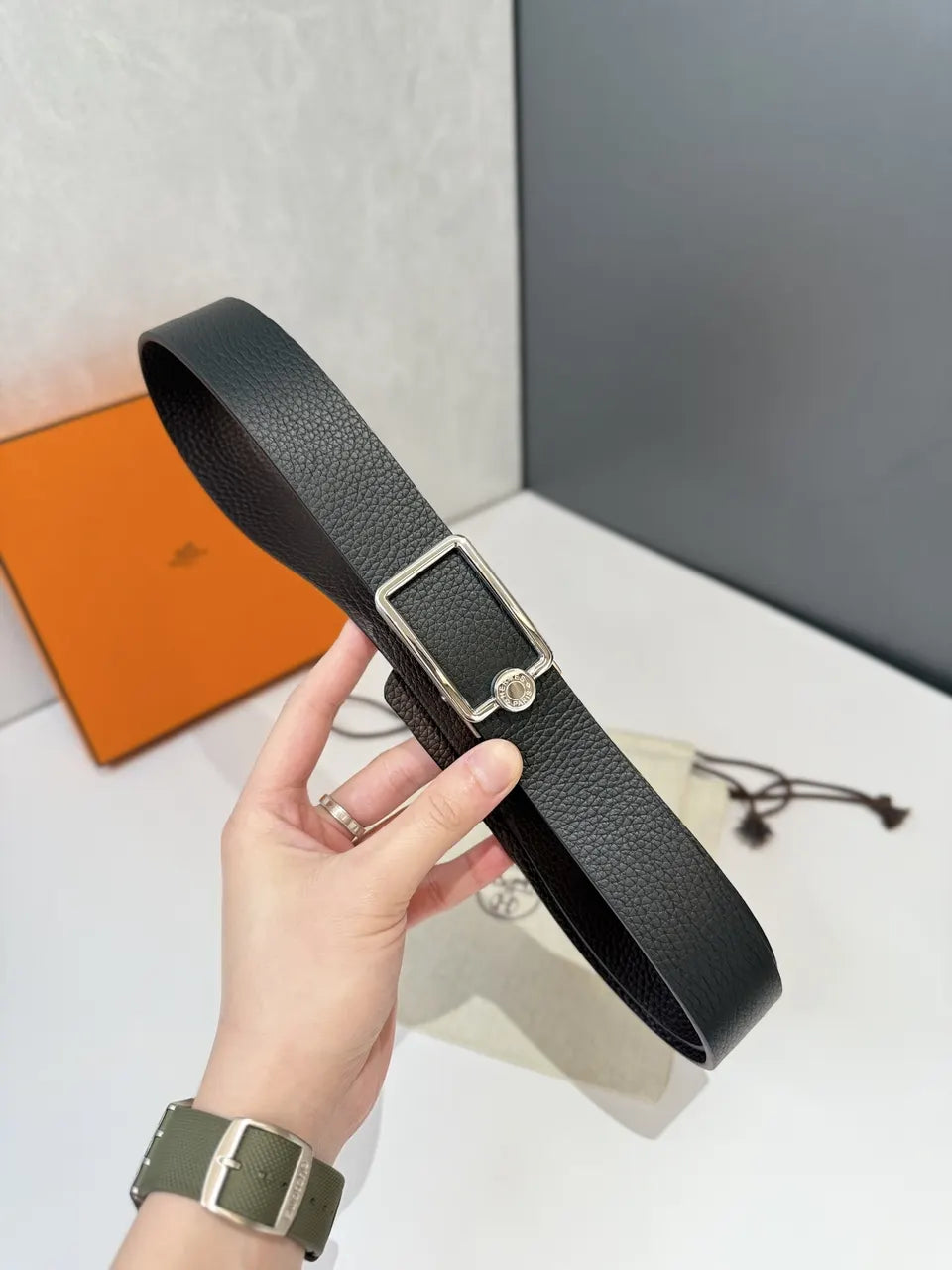 Hermes Black Leather Belt silver