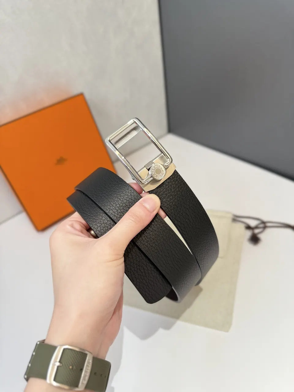 Hermes Black Leather Belt silver - Hình 2
