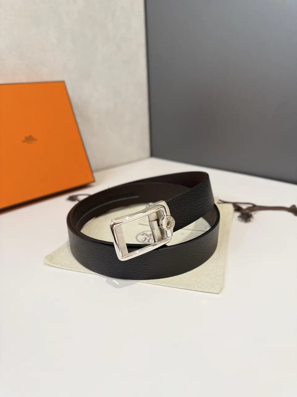 Hermes Black Leather Belt silver - Hình 3