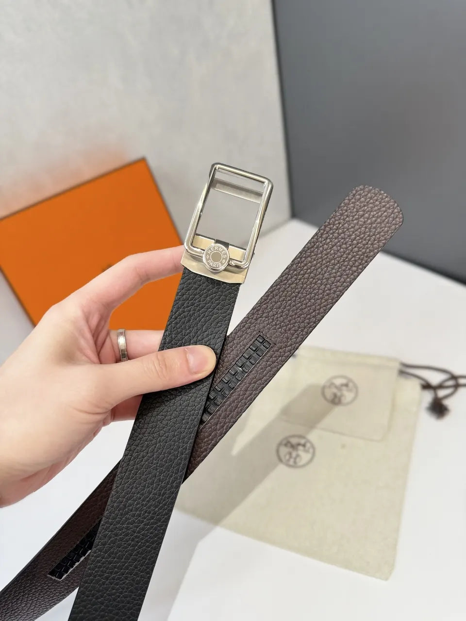 Hermes Black Leather Belt silver - Hình 4