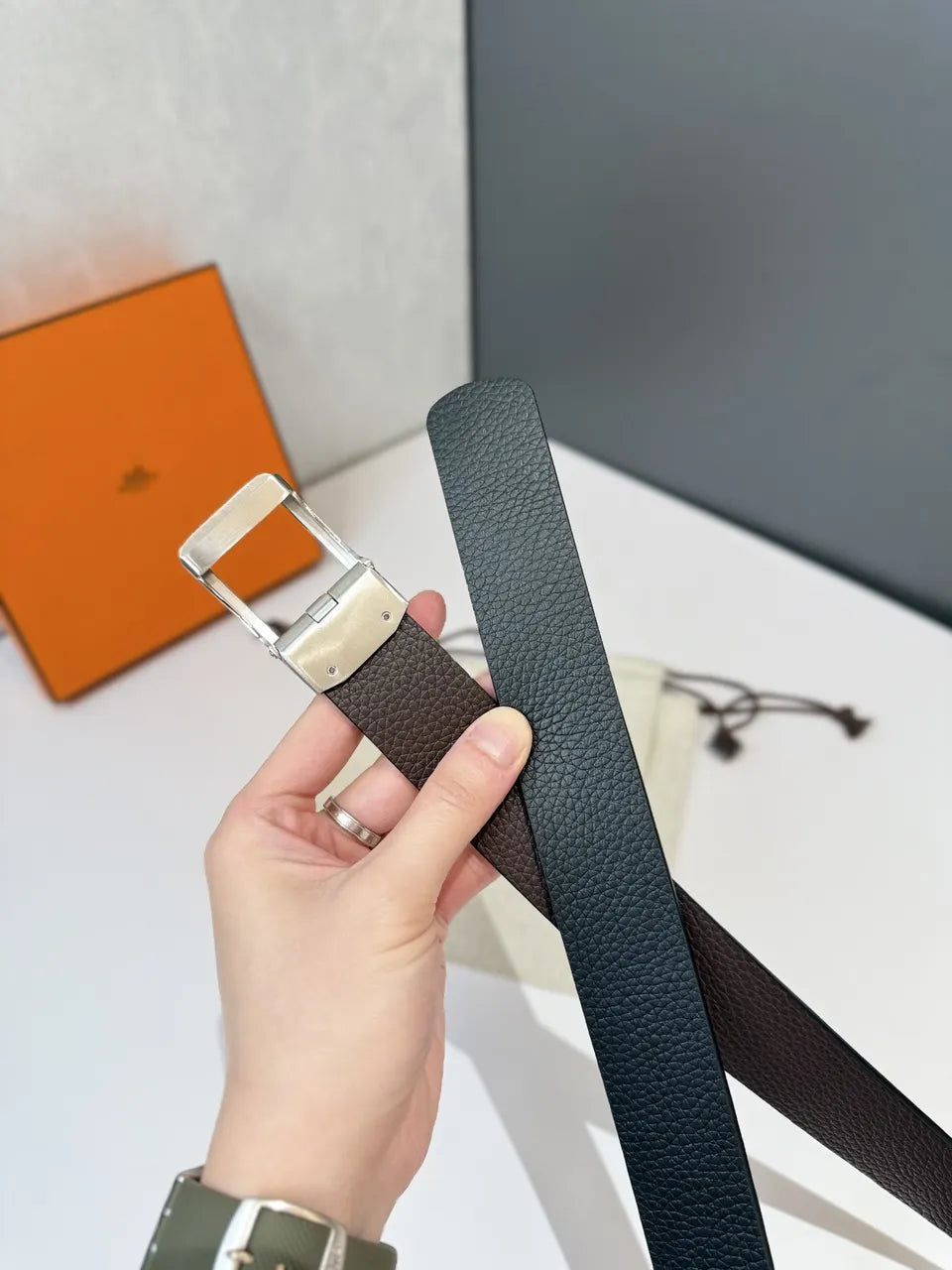 Hermes Black Leather Belt silver - Hình 5