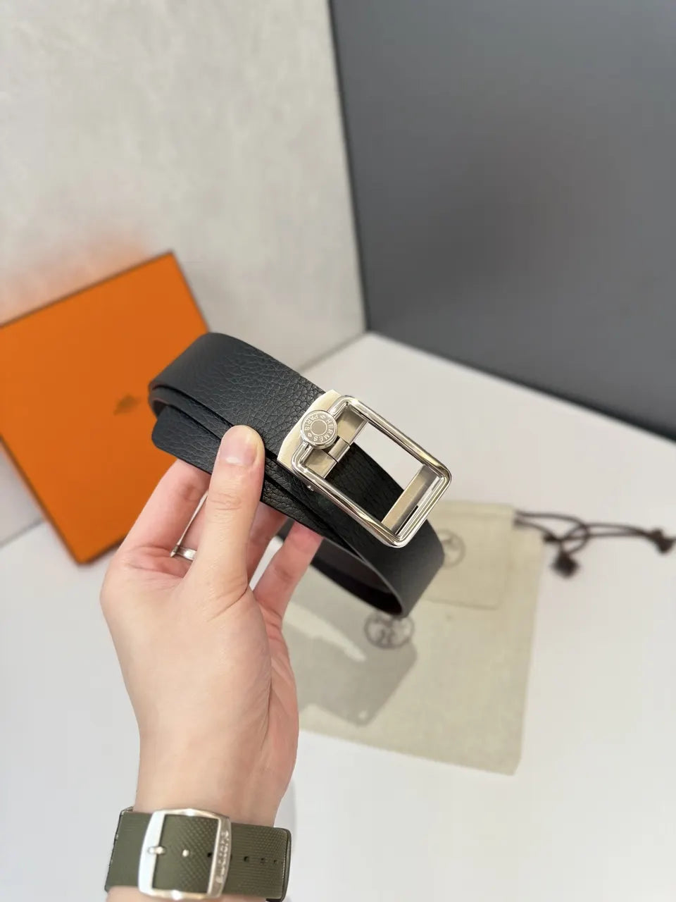 Hermes Black Leather Belt silver - Hình 6
