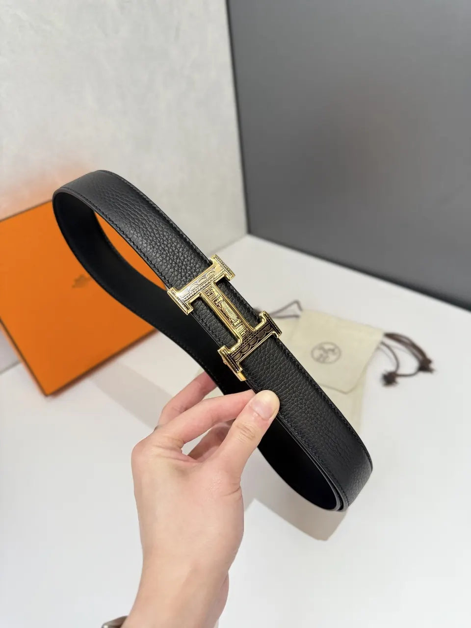 Hermes Black Leather Belt gold