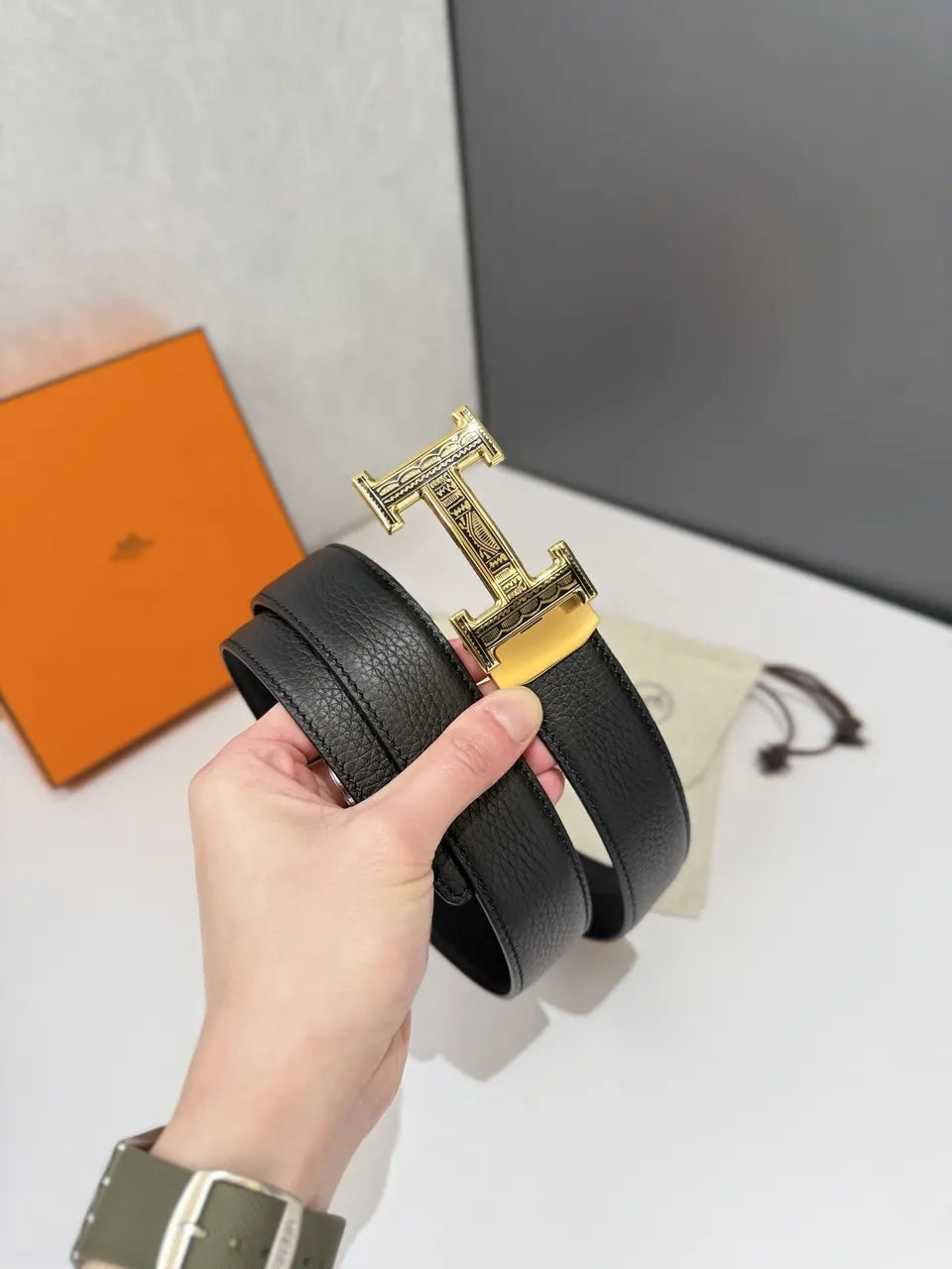 Hermes Black Leather Belt gold - Hình 2