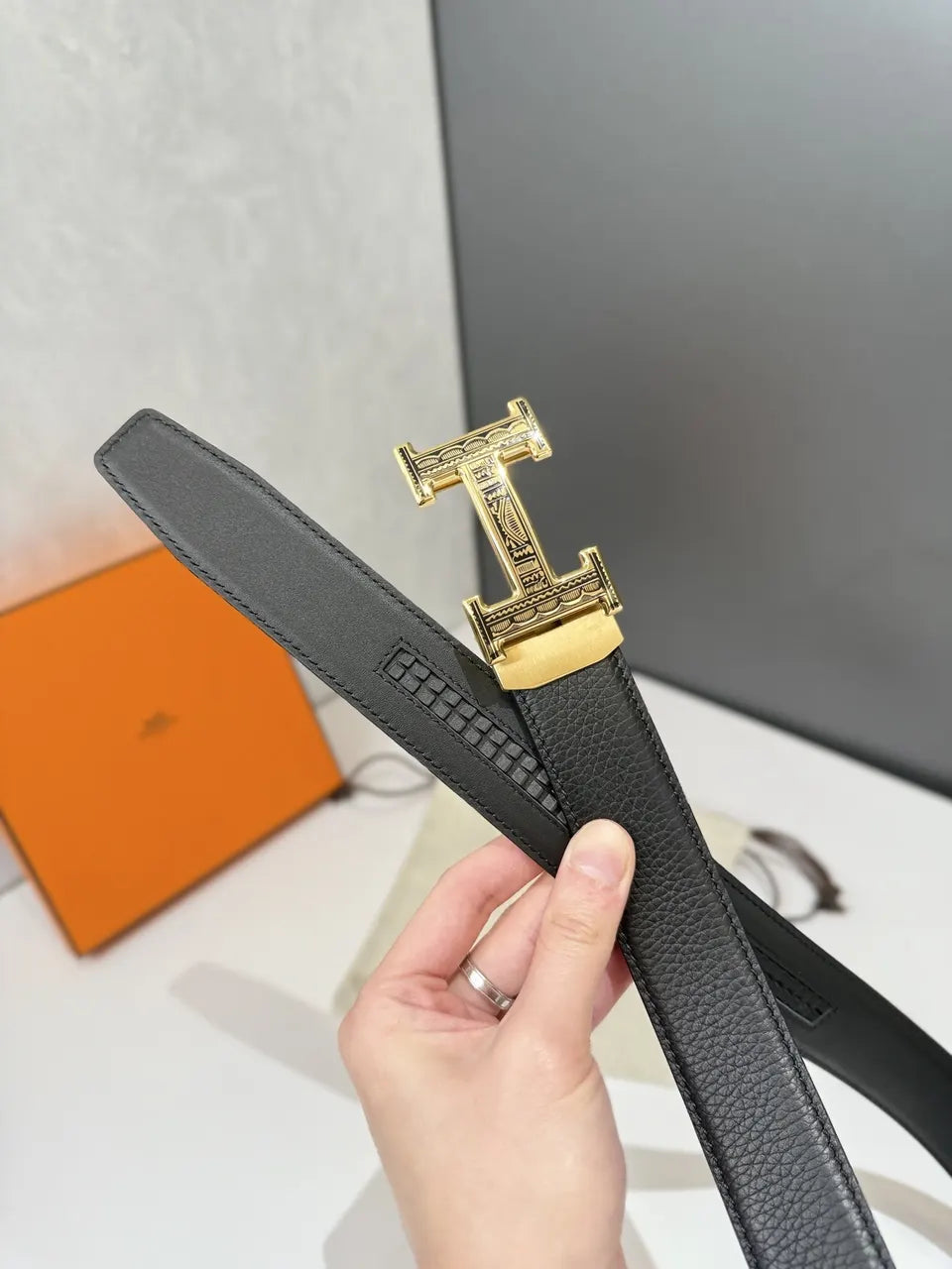Hermes Black Leather Belt gold - Hình 3
