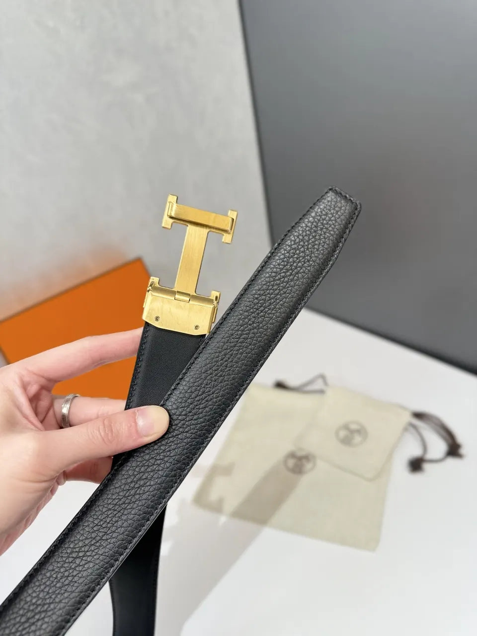 Hermes Black Leather Belt gold - Hình 4