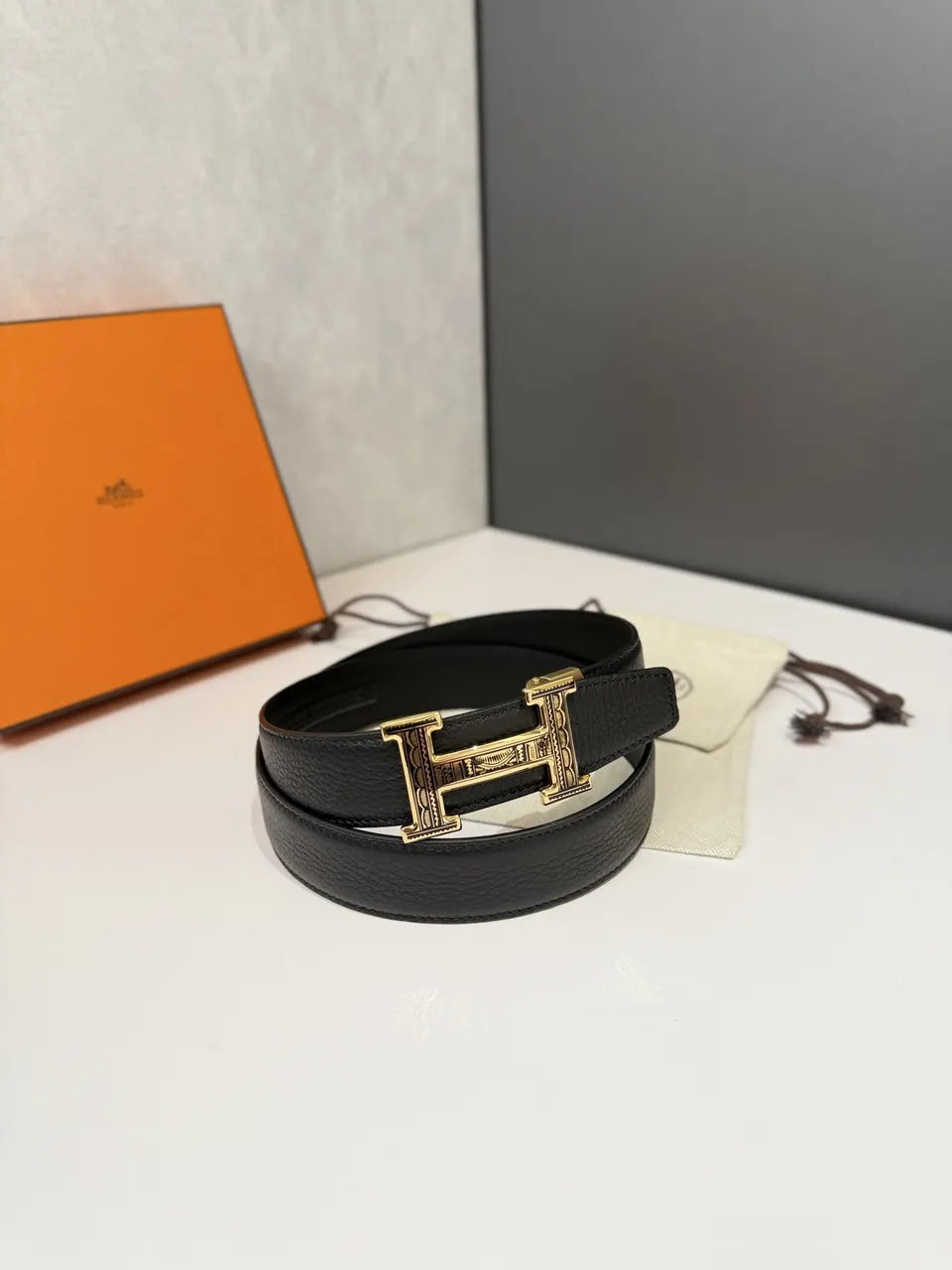 Hermes Black Leather Belt gold - Hình 5