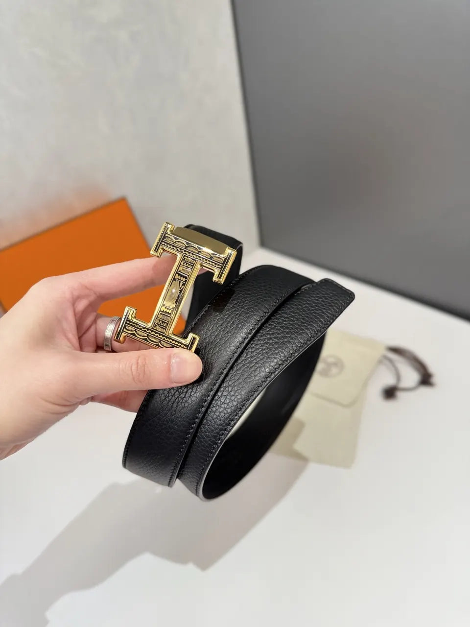 Hermes Black Leather Belt gold - Hình 6