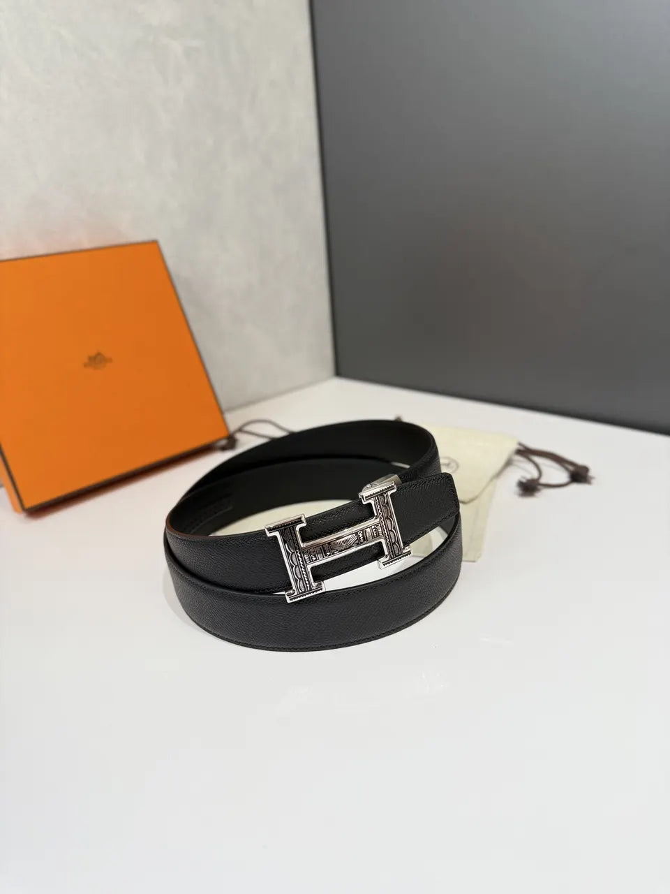 silver Hermes Black Leather Belt - Hình 5