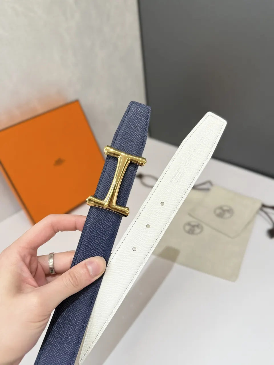 Hermes Navy Blue Reversible Belt - Hình 3
