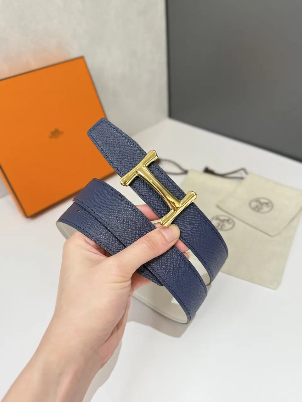 Hermes Navy Blue Reversible Belt - Hình 4