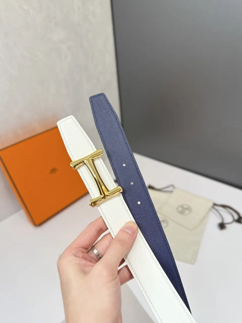 Hermes Navy Blue Reversible Belt - Hình 5