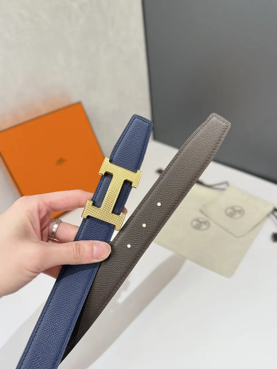 Hermes Blue Leather Belt - Hình 3