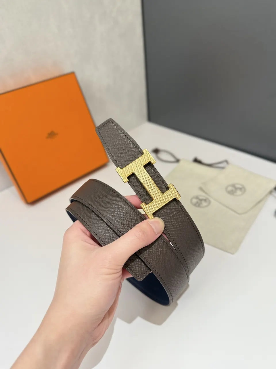 Hermes Blue Leather Belt - Hình 4