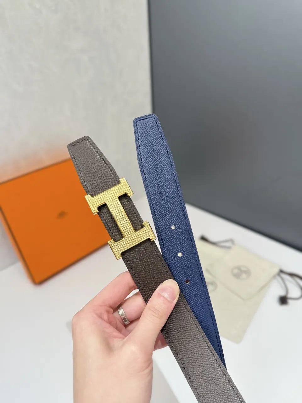 Hermes Blue Leather Belt - Hình 5