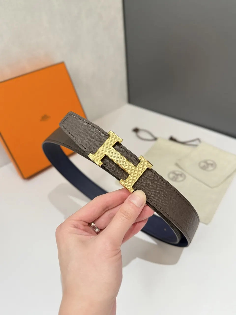 Hermes Blue Leather Belt - Hình 6