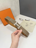 silver Hermès Taupe Leather Belt