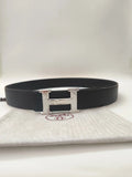 silver Hermes Black Leather Belt