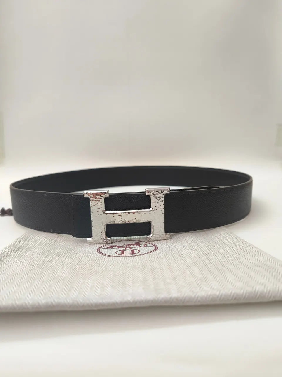 silver Hermes Black Leather Belt