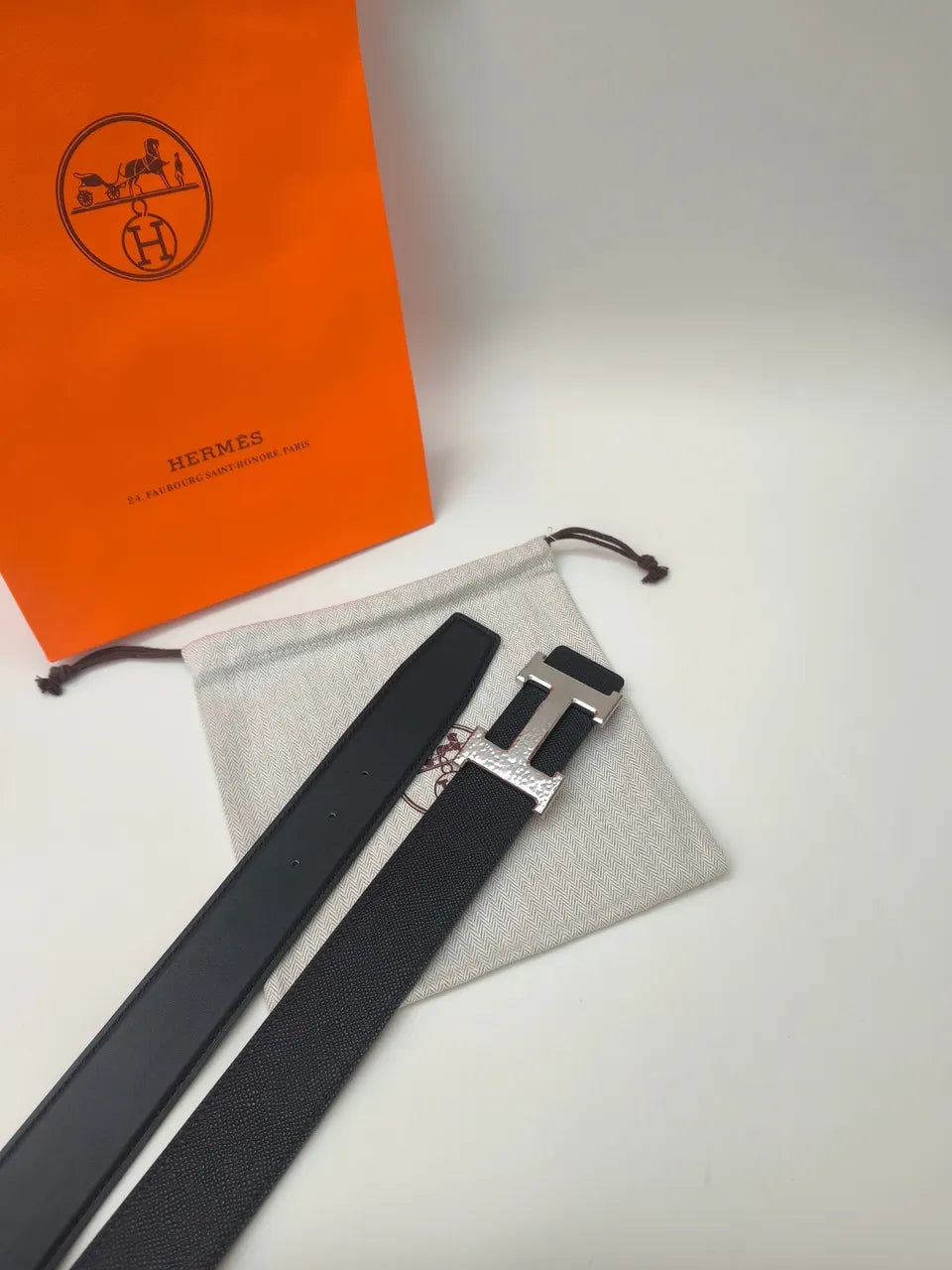 silver Hermes Black Leather Belt - Hình 2