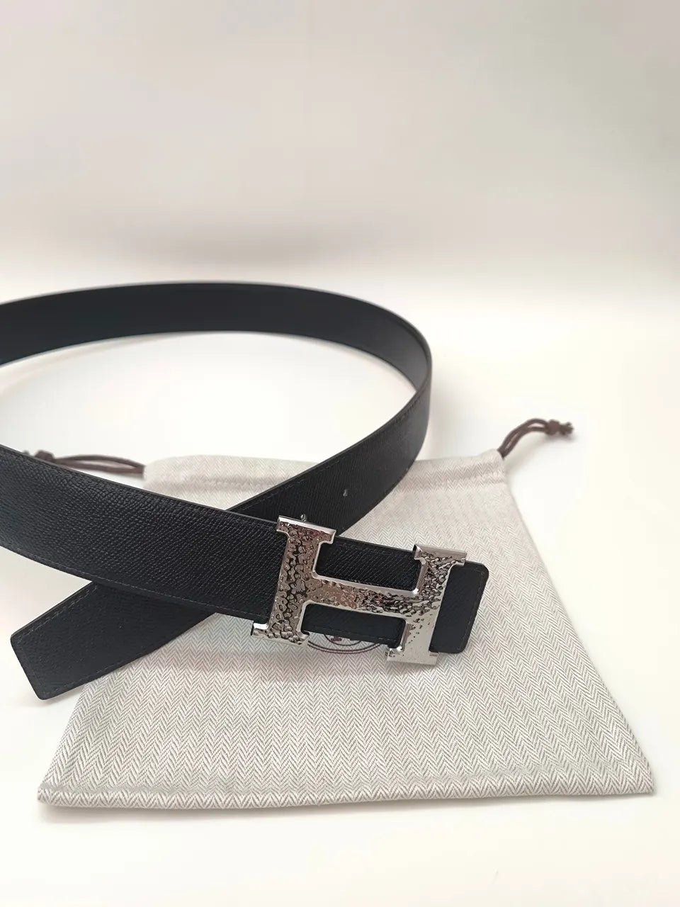 silver Hermes Black Leather Belt - Hình 3