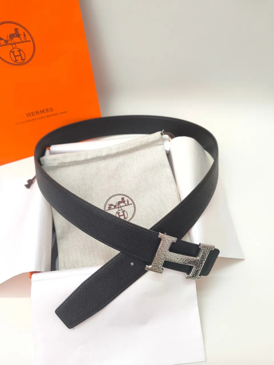 silver Hermes Black Leather Belt - Hình 4