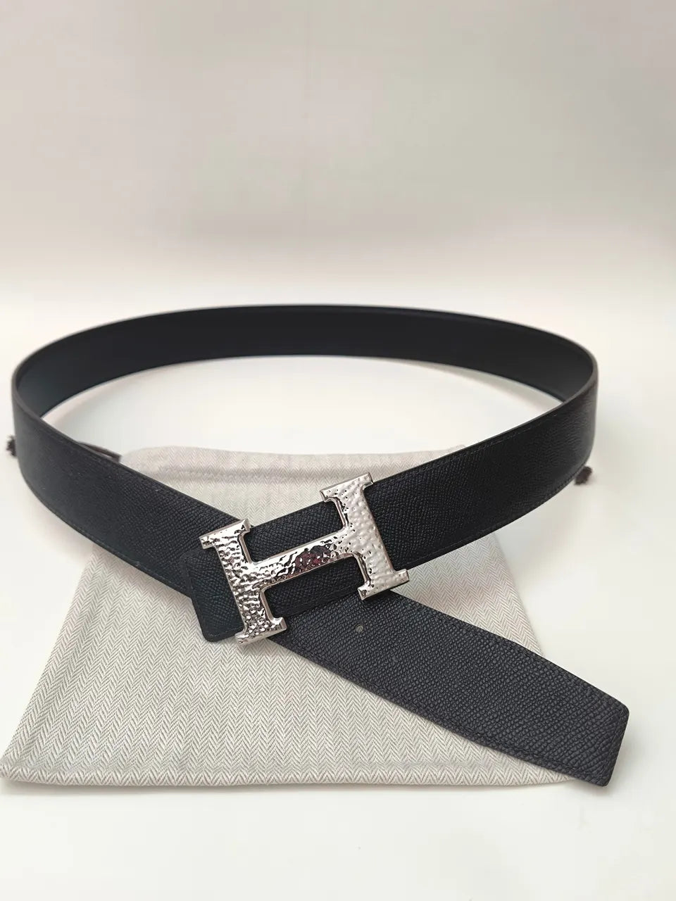 silver Hermes Black Leather Belt - Hình 5