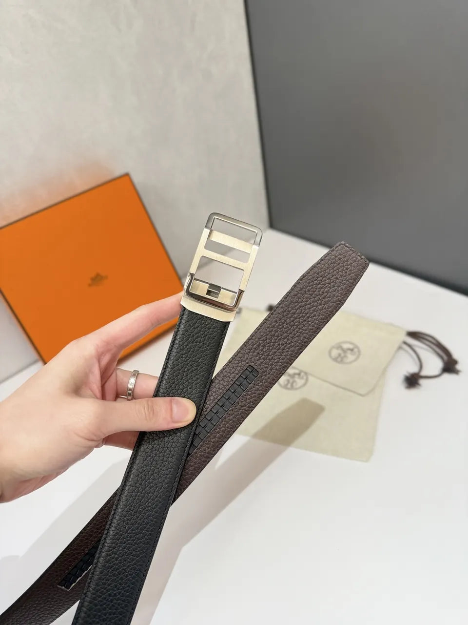 silver Hermes Black Leather Belt - Hình 3