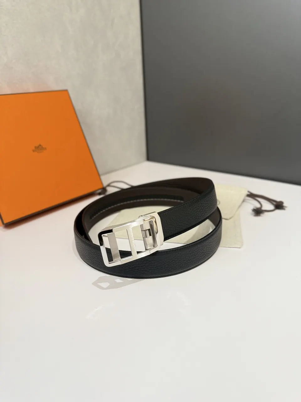 silver Hermes Black Leather Belt - Hình 5