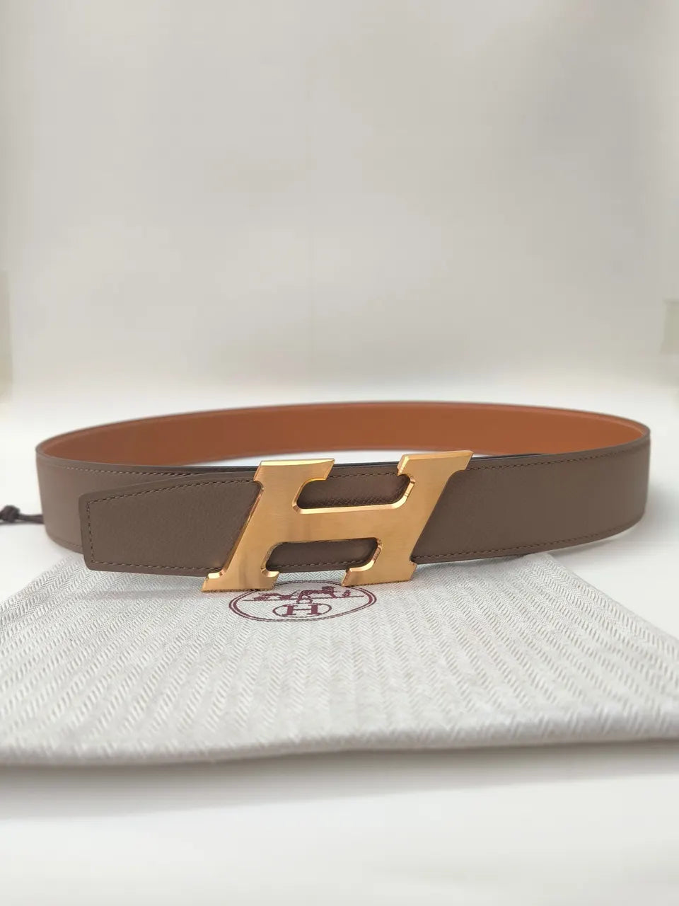 Hermes Taupe Leather Gold H Belt