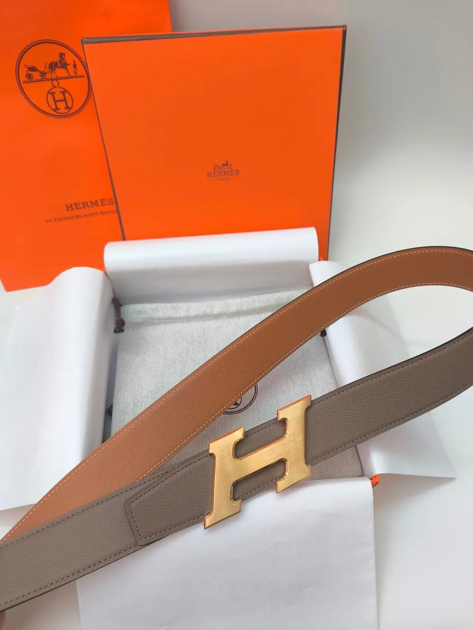 Hermes Taupe Leather Gold H Belt - Hình 2