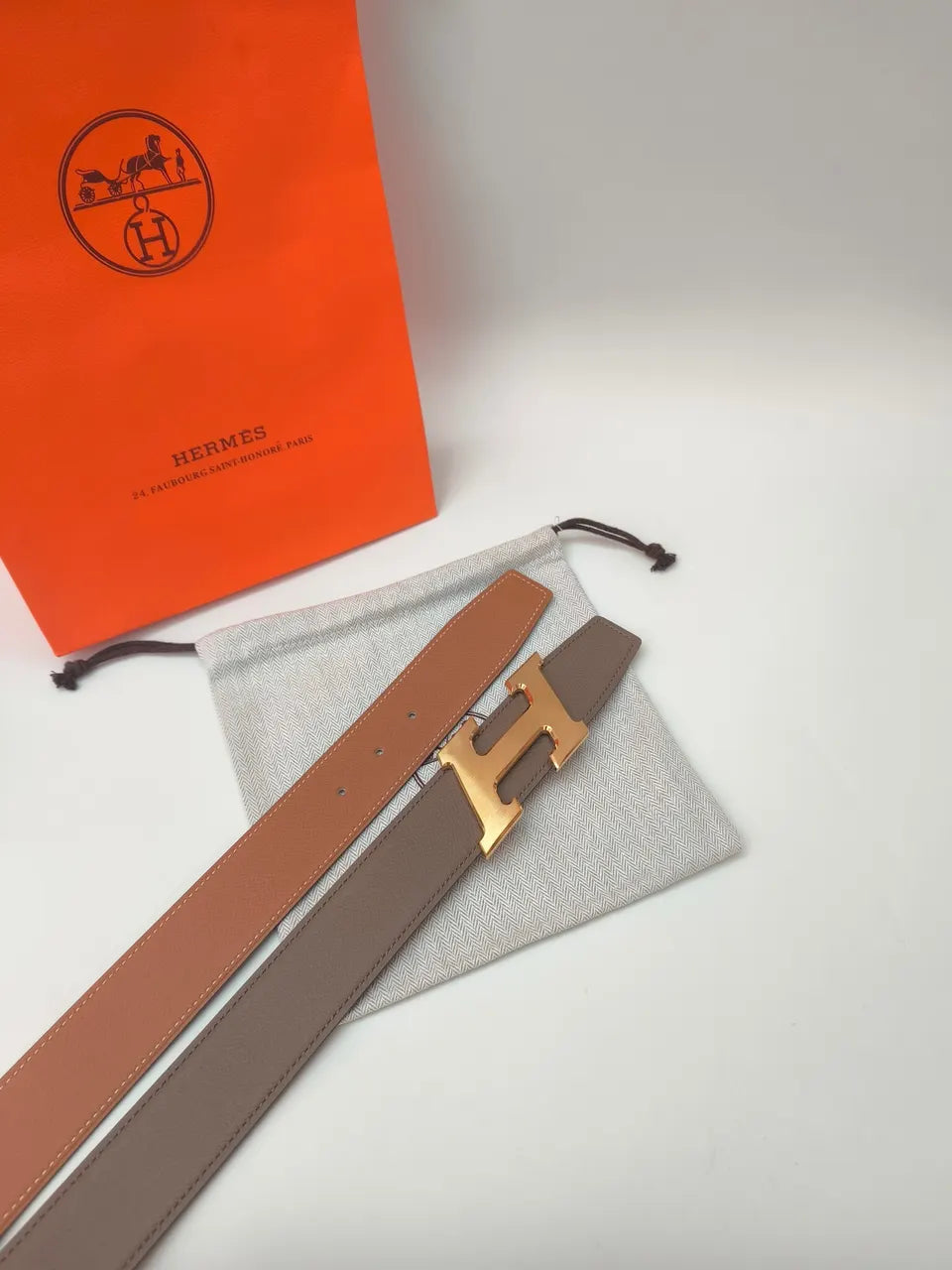 Hermes Taupe Leather Gold H Belt - Hình 3