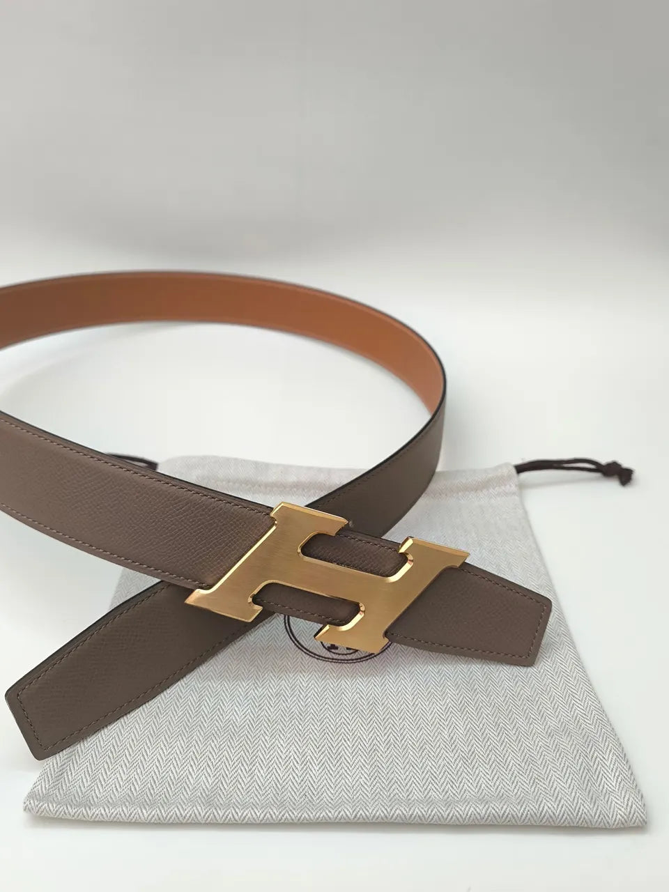 Hermes Taupe Leather Gold H Belt - Hình 4
