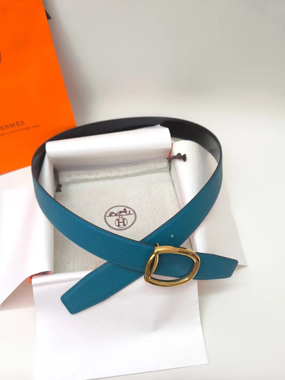 Hermes Teal Leather Belt - Hình 5