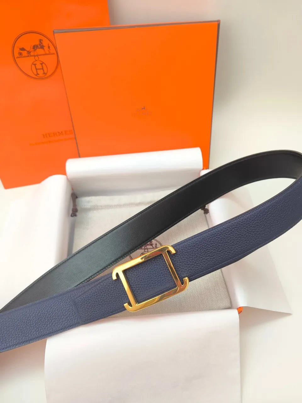 Hermes Navy Leather Belt - Hình 2
