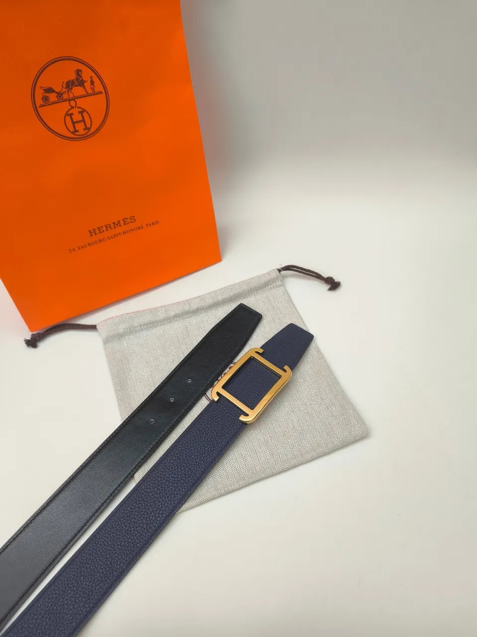 Hermes Navy Leather Belt - Hình 4