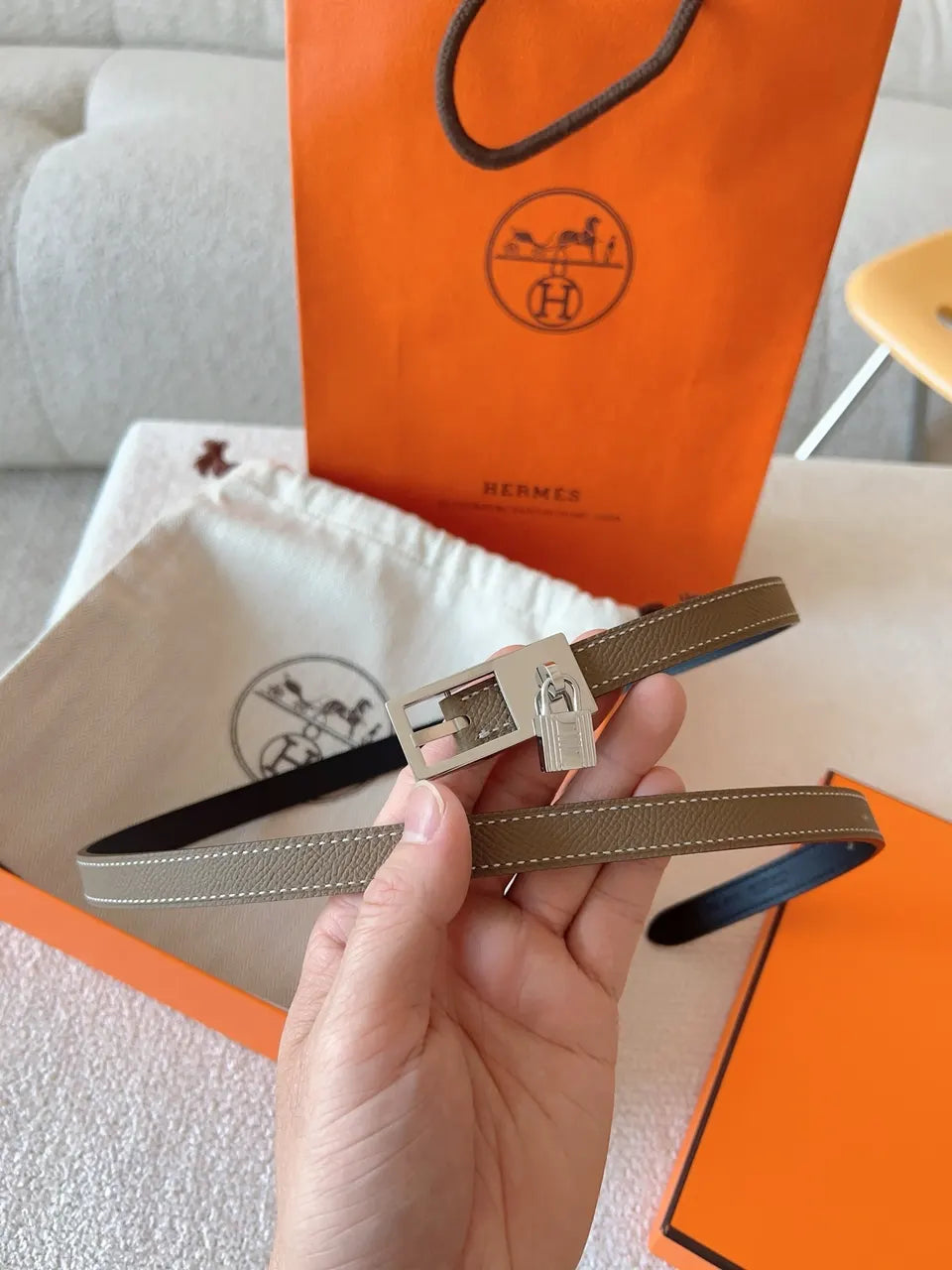 Hermes Taupe Leather Padlock Belt - Hình 2