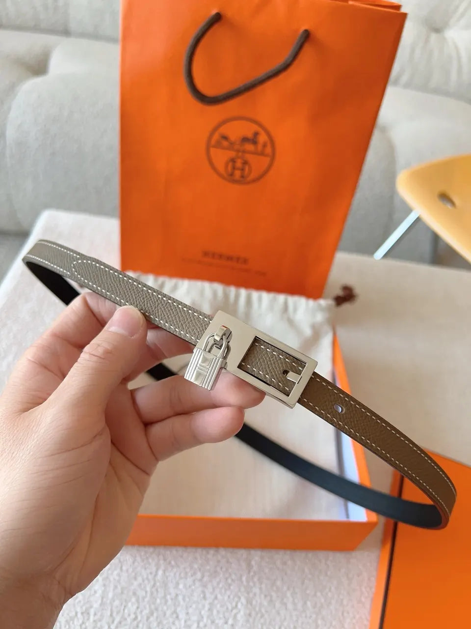 Hermes Taupe Leather Padlock Belt - Hình 3